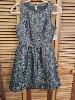 NWT Frenchi Metallic Silver Jacquard Pleated Shift Dress | Chic Party Mini
